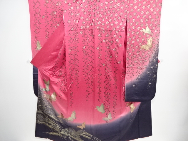 リサイクル　金彩枝垂れ桜に蝶模様振袖　袋帯・和装バッグセット